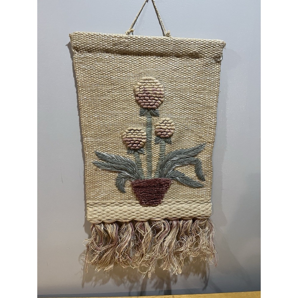 Vtg Boho Jute ICA‎ Wall Hanging Woven Tapestry Flowers 1988